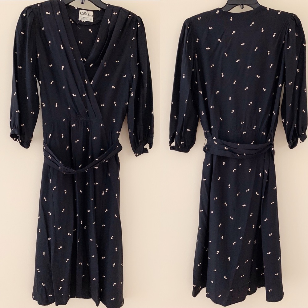 Vintage Ciao Ltd 100% Silk Black Heart Print Dress Sz 8 Belted Pockets - Picture 6 of 16